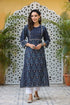 Women Navy Blue Ethnic Motifs Printed Cotton Straight Kurta
